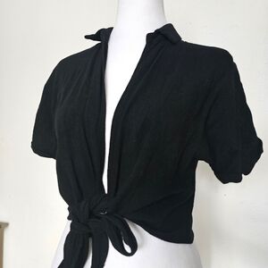 Black Tie-Front Collared Women's Top Size Small
